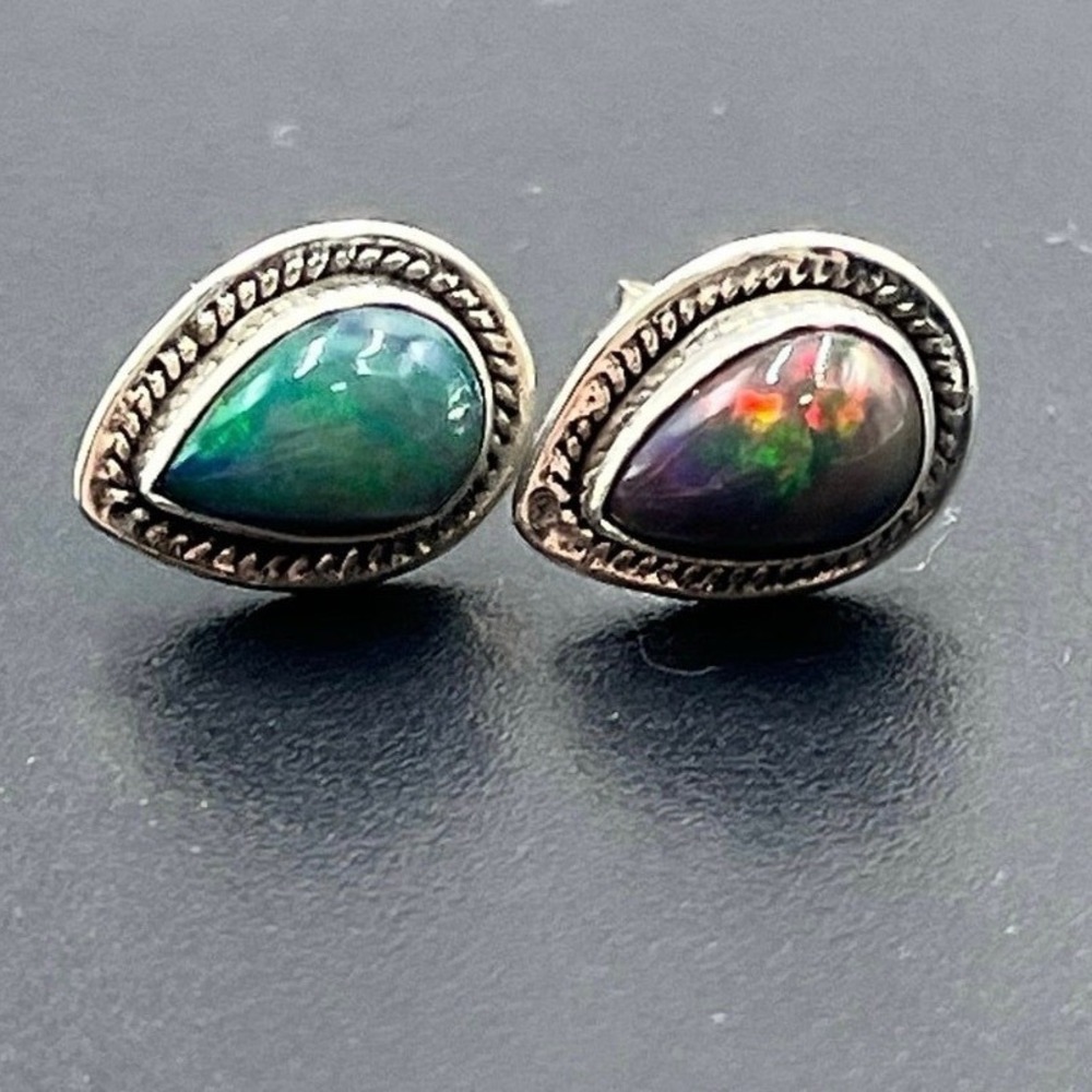 Vintage Sterling Silver Natural Dark Opal Stud Earrings Rope Border 13mm Pair